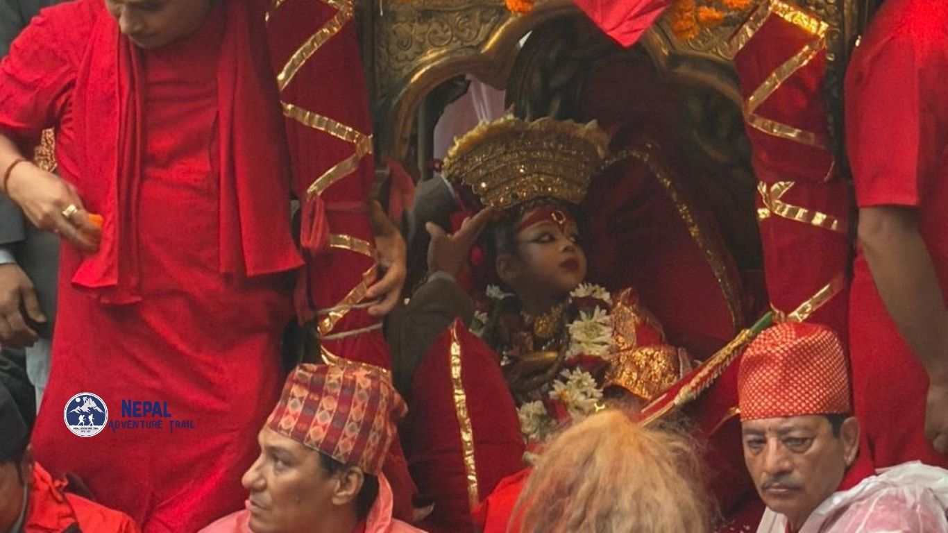 Kumari Living Goddess of Nepal during Indra Jatra chariot procession in Kathmandu