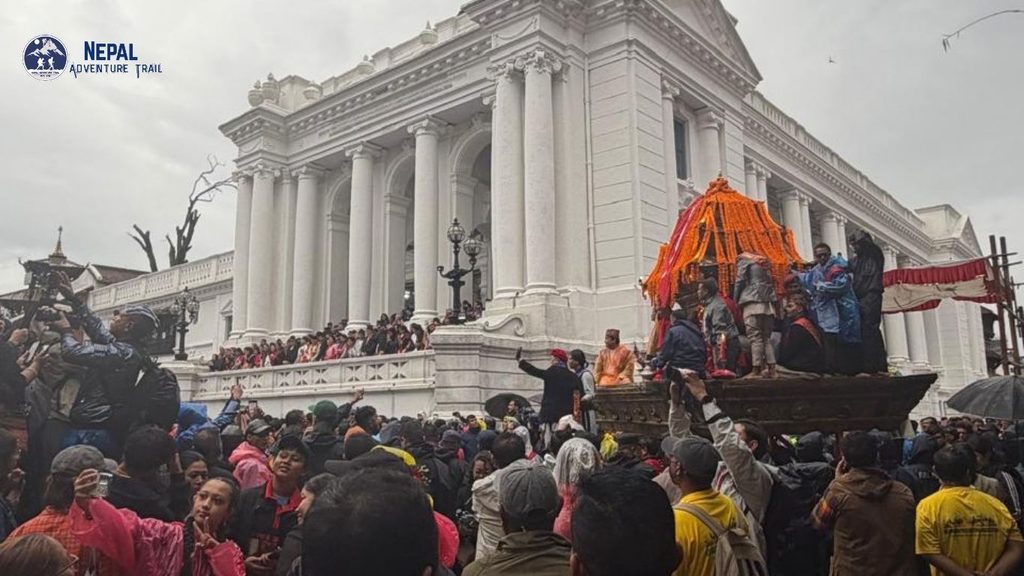 Kumari Living Goddess chariot being pulled through Basantapur during Indra Jatra