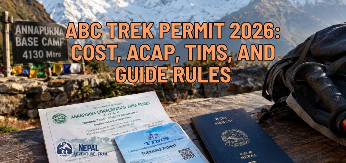 ABC Trek Permit 2026 ABC Trek Permit documents with Annapurna Base Camp in the background