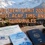 ABC Trek Permit documents with Annapurna Base Camp in the background
