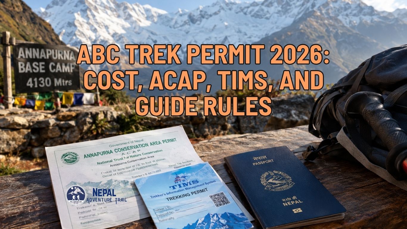 ABC Trek Permit 2026 ABC Trek Permit documents with Annapurna Base Camp in the background