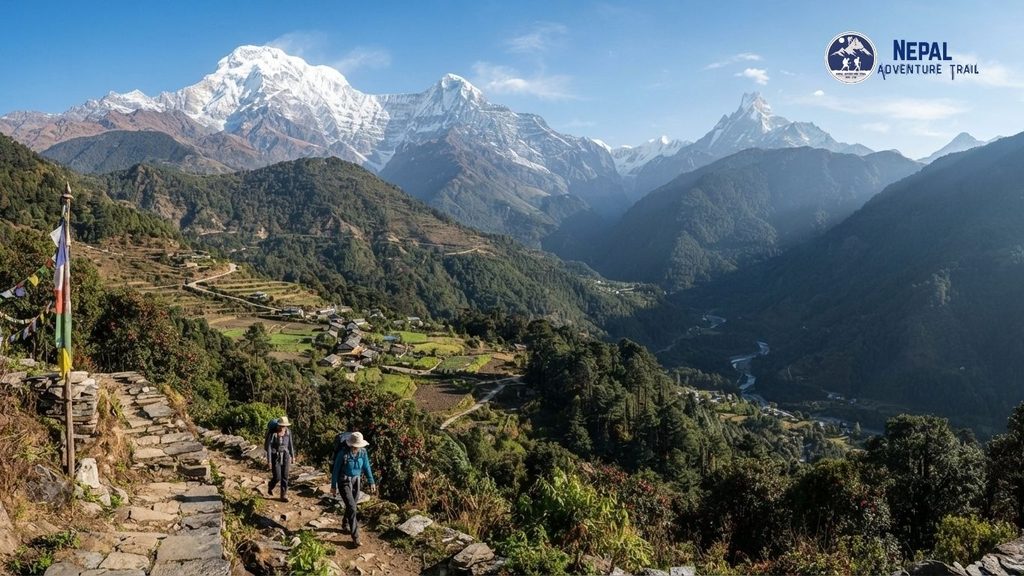 A wide-angle panoramic photograph of trekkers with backpacks walking down a stone staircase in the Himalayas, approaching a village and terraced fields, with the snow-capped Annapurna range and Machhapuchhre in the background under a clear blue sky, highlighting a journey requiring an ABC Trek Permit.