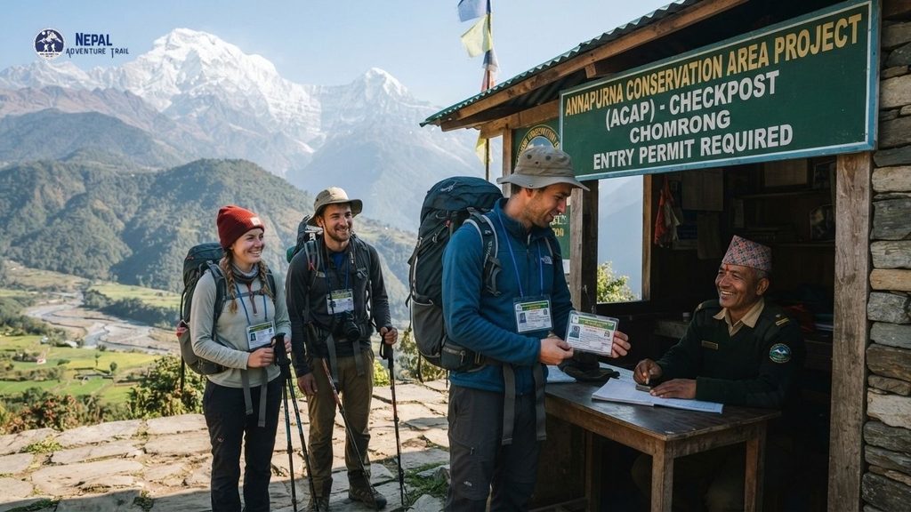 Three smiling trekkers with large backpacks stand at a wooden ACAP checkpoint hut in the Nepalese Himalayas. A male trekker in the foreground presents a laminated permit card to a seated, smiling Nepalese ranger in uniform, who is holding a pen over a registry book. A prominent green sign on the hut reads "ANNAPURNA CONSERVATION AREA PROJECT (ACAP) - CHECKPOST CHOMRONG - ENTRY PERMIT REQUIRED". In the background are terraced fields, a river valley, and the massive snow-capped Annapurna mountain range under a blue sky.