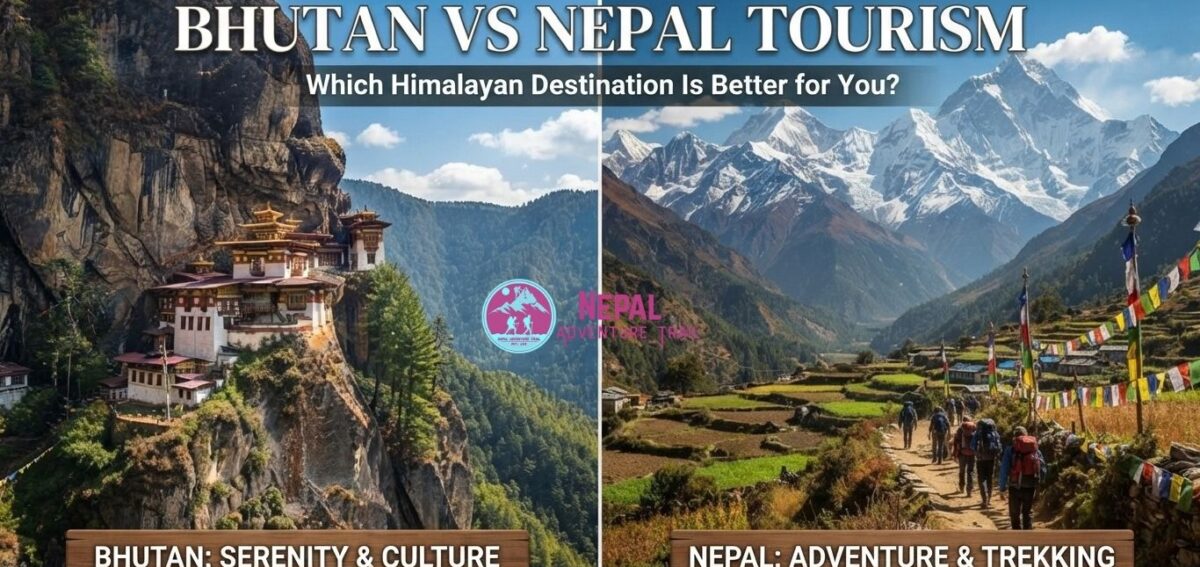Bhutan vs Nepal Tourism Split image for Bhutan vs Nepal tourism comparison showing a Bhutanese dzong and a Himalayan peak in Nepal