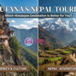 Split image for Bhutan vs Nepal tourism comparison showing a Bhutanese dzong and a Himalayan peak in Nepal