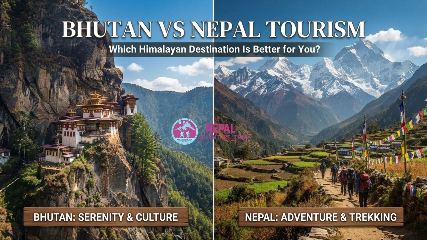 Split image for Bhutan vs Nepal tourism comparison showing a Bhutanese dzong and a Himalayan peak in Nepal