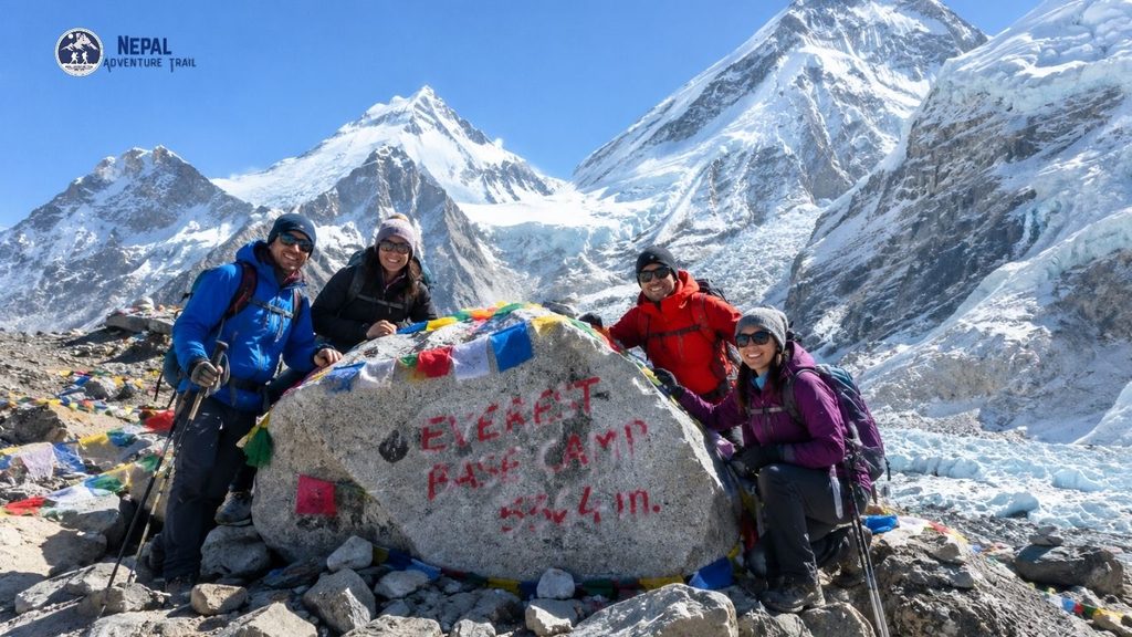 Trekkers posing at Everest Base Camp on the Mount Everest route in Nepal