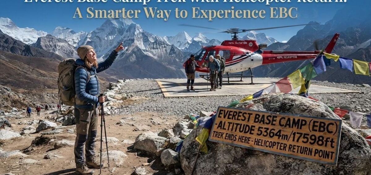 A lone trekker standing on a Himalayan ridge looking toward a helicopter landing or hovering in the distance with snow-capped peaks.