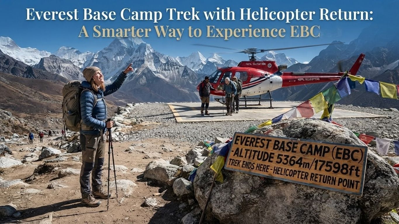 EBC trek with helicopter return A lone trekker standing on a Himalayan ridge looking toward a helicopter landing or hovering in the distance with snow-capped peaks.