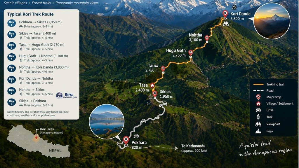 Illustrated 3D map of the Kori Trek route in the Annapurna Himalaya of Nepal, showing key stops like Sikles, Kapuche Lake, Nho-ta, Kori Danda, and Thulek with mountain peaks.
