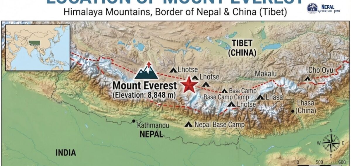 Mount Everest Location Map showing the Mount Everest location in the Himalaya Mountains along the international border between Nepal and China (Tibet), featuring surrounding peaks, base camps, and regional capitals.