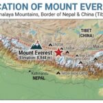 Map showing the Mount Everest location in the Himalaya Mountains along the international border between Nepal and China (Tibet), featuring surrounding peaks, base camps, and regional capitals.