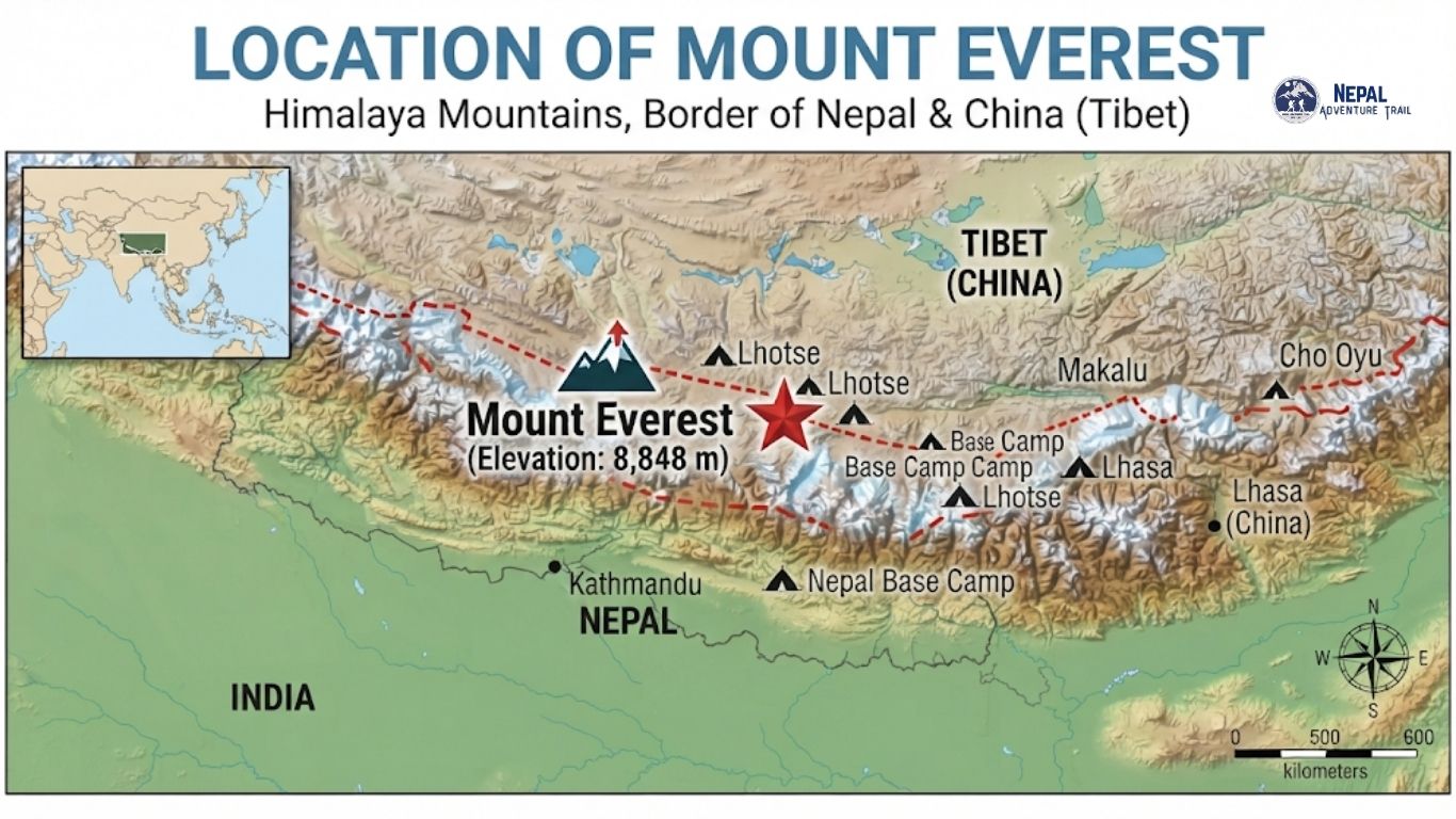 Map showing the Mount Everest location in the Himalaya Mountains along the international border between Nepal and China (Tibet), featuring surrounding peaks, base camps, and regional capitals.