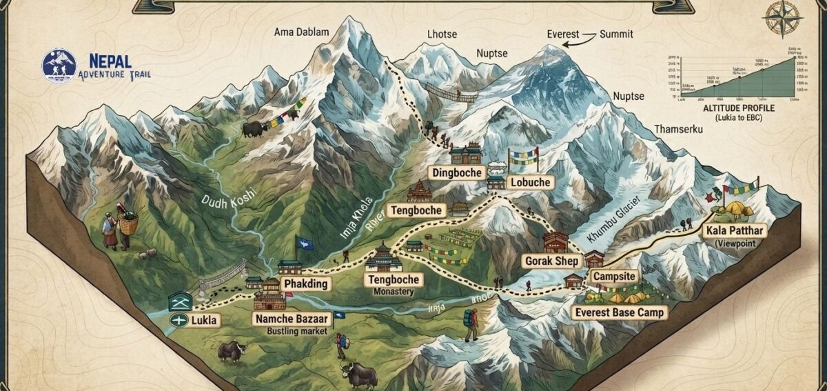 Mount Everest Route Map Illustrated 3D isometric Mount Everest route map detailing the complete trekking path from Lukla to Everest Base Camp. Includes key waypoints like Namche Bazaar, Tengboche Monastery, Dingboche, Gorak Shep, Kala Patthar, and major peaks including Ama Dablam, Lhotse, and Everest Summit, with an altitude profile chart.