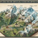 Illustrated 3D isometric Mount Everest route map detailing the complete trekking path from Lukla to Everest Base Camp. Includes key waypoints like Namche Bazaar, Tengboche Monastery, Dingboche, Gorak Shep, Kala Patthar, and major peaks including Ama Dablam, Lhotse, and Everest Summit, with an altitude profile chart.