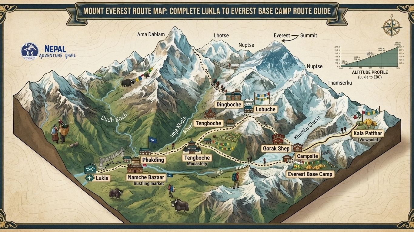 Illustrated 3D isometric Mount Everest route map detailing the complete trekking path from Lukla to Everest Base Camp. Includes key waypoints like Namche Bazaar, Tengboche Monastery, Dingboche, Gorak Shep, Kala Patthar, and major peaks including Ama Dablam, Lhotse, and Everest Summit, with an altitude profile chart.
