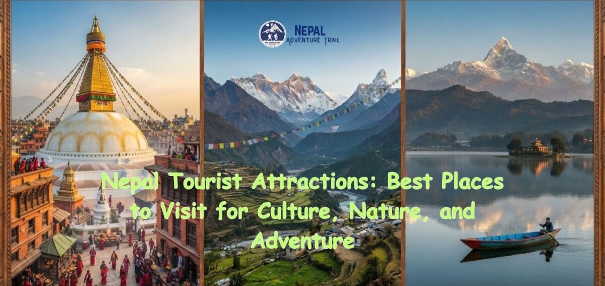 Nepal Tourist Attractions including a Kathmandu Valley stupa with Himalayan peaks in the background