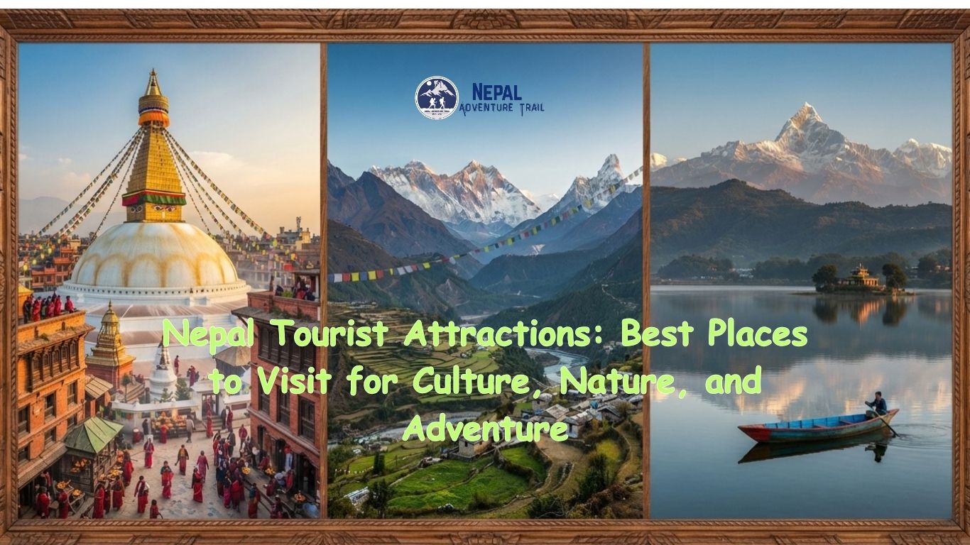 Nepal Tourist Attractions including a Kathmandu Valley stupa with Himalayan peaks in the background