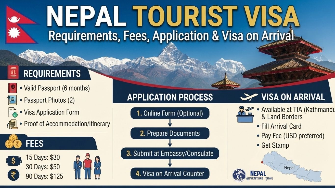 Nepal Tourist Visa info An infographic providing a comprehensive guide to the "Nepal Tourist Visa" with detailed information on requirements, fees, the application process, and visa on arrival procedures, set against a backdrop of the Himalayas and a traditional Nepalese pagoda temple.