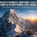 A wide-angle landscape photograph of the Mount Everest summit and the Himalaya range at sunrise. The colossal, snow-covered Everest peak dominates the center. In the foreground, a lone climber in a blue suit stands next to a small tent and prayer flags on a snowy ridge, learning about mount everest. A long, winding line of dozens of tiny, colorful climbers ascends the steep Southeast Ridge towards the top. White overlay text at the top provides a comprehensive guide about mount everest, detailing its history, facts, climbing, and base camp.