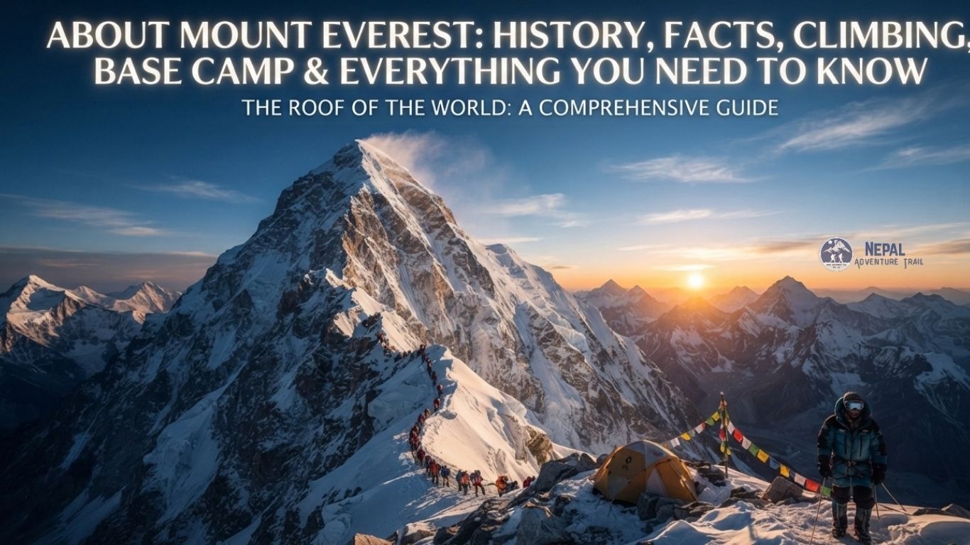 about mount everest A wide-angle landscape photograph of the Mount Everest summit and the Himalaya range at sunrise. The colossal, snow-covered Everest peak dominates the center. In the foreground, a lone climber in a blue suit stands next to a small tent and prayer flags on a snowy ridge, learning about mount everest. A long, winding line of dozens of tiny, colorful climbers ascends the steep Southeast Ridge towards the top. White overlay text at the top provides a comprehensive guide about mount everest, detailing its history, facts, climbing, and base camp.