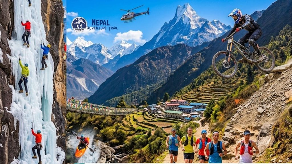 Action-packed composite graphic showcasing adventure tourism in Nepal, featuring ice climbing on a frozen wall, white-water kayaking, trail running, mountain biking, and a helicopter flying past majestic Himalayan peaks like Ama Dablam and Machapuchare.