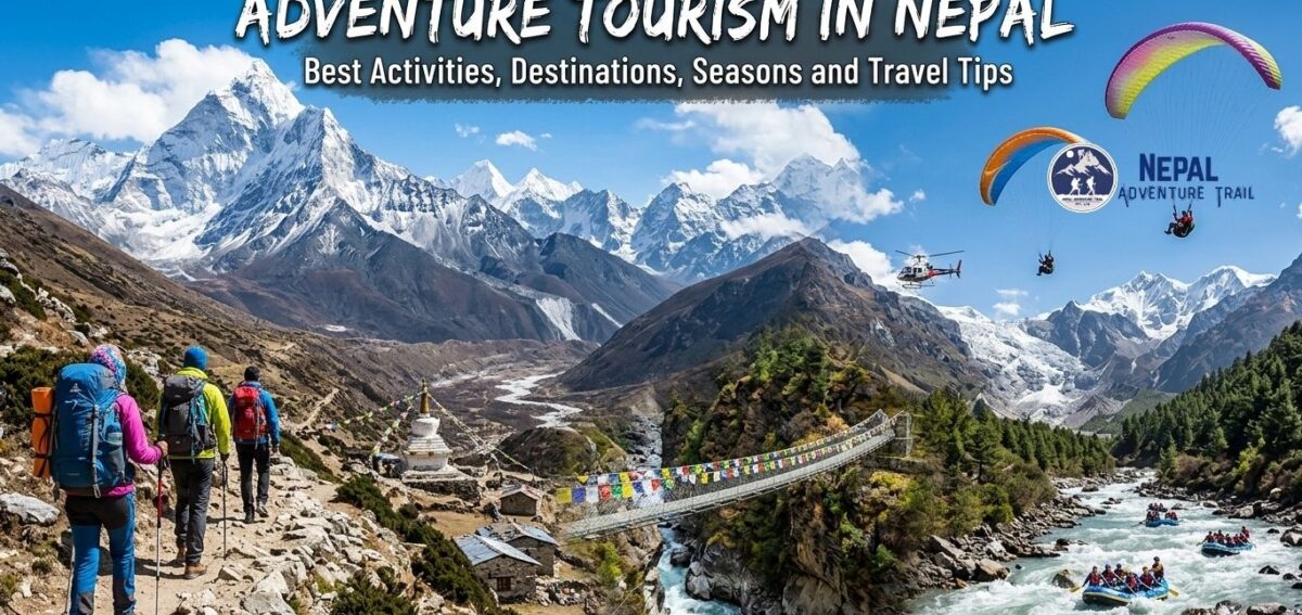 adventure tourism in nepal A composite adventure tourism graphic of the Nepali Himalayas with overlaid white text at the top: ADVENTURE TOURISM IN NEPAL, Best Activities, Destinations, Seasons and Travel Tips. The image shows hikers on a rocky path overlooking Ama Dablam, a Buddhist stupa, prayer flags on a suspension bridge, paragliders soaring, a helicopter flying near mountains, and rafters on white water rapids.