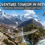 A composite adventure tourism graphic of the Nepali Himalayas with overlaid white text at the top: ADVENTURE TOURISM IN NEPAL, Best Activities, Destinations, Seasons and Travel Tips. The image shows hikers on a rocky path overlooking Ama Dablam, a Buddhist stupa, prayer flags on a suspension bridge, paragliders soaring, a helicopter flying near mountains, and rafters on white water rapids.