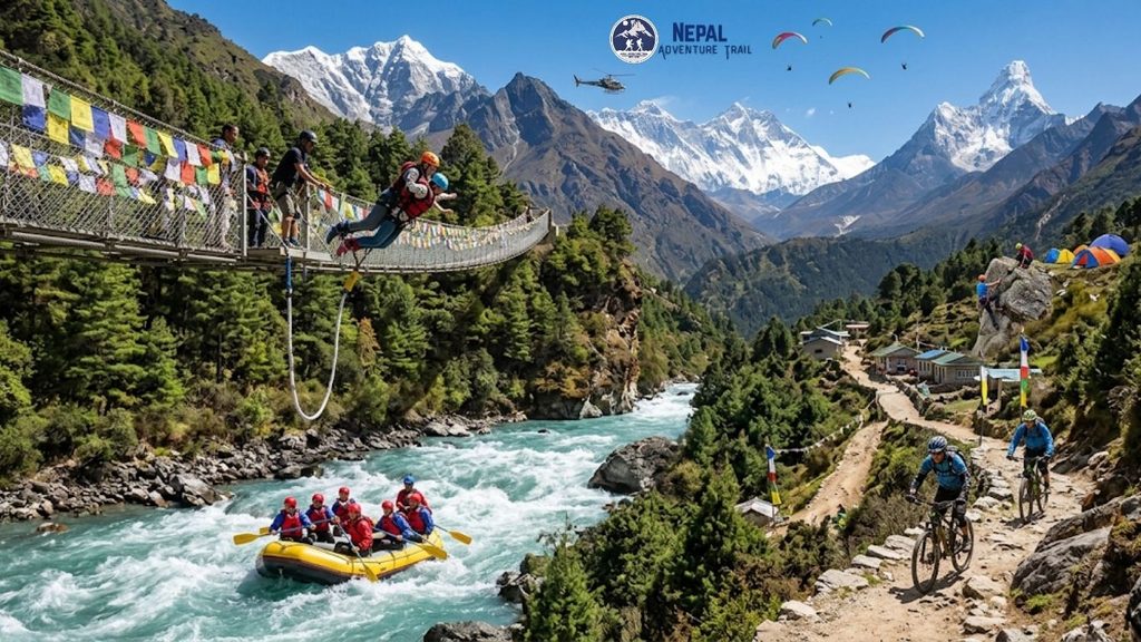 Composite image of diverse high-altitude activities illustrating adventure tourism in Nepal.