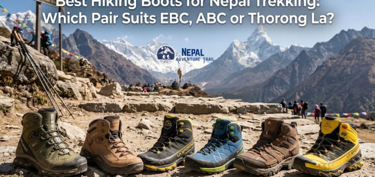 Six different hiking boots (L-R: green, brown leather, black/yellow, blue, tan leather, yellow/red) are lined up on a rocky trail in the Himalayas. Ama Dablam mountain is prominent in the background with prayer flags and other trekkers visible. The image title is displayed in white text at the top.