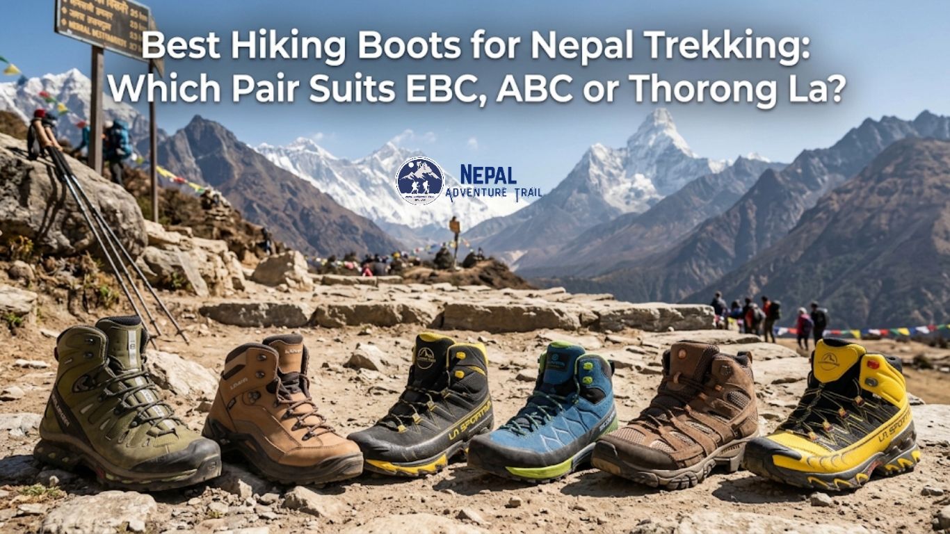 Six different hiking boots (L-R: green, brown leather, black/yellow, blue, tan leather, yellow/red) are lined up on a rocky trail in the Himalayas. Ama Dablam mountain is prominent in the background with prayer flags and other trekkers visible. The image title is displayed in white text at the top.
