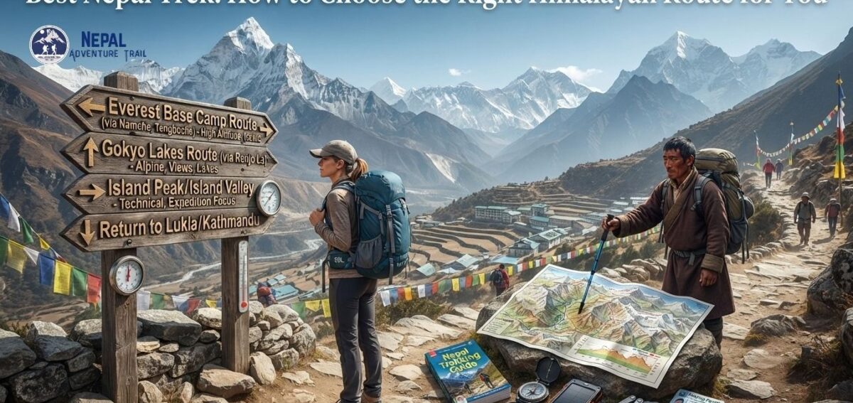 best nepal trek A hiker and a local guide reviewing a trail map and wooden signposts in the Himalayas, highlighting how to choose the Best Nepal Trek.