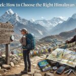 A hiker and a local guide reviewing a trail map and wooden signposts in the Himalayas, highlighting how to choose the Best Nepal Trek.