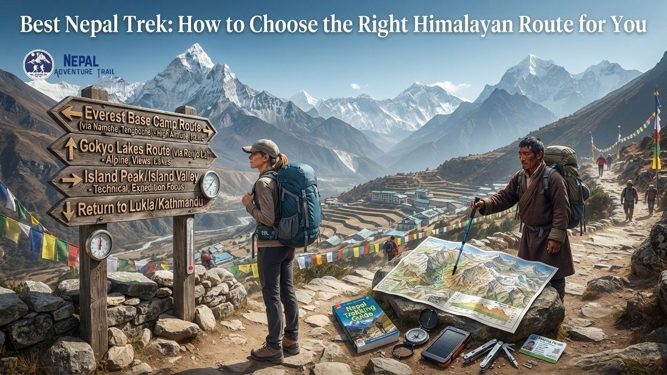 best nepal trek A hiker and a local guide reviewing a trail map and wooden signposts in the Himalayas, highlighting how to choose the Best Nepal Trek.