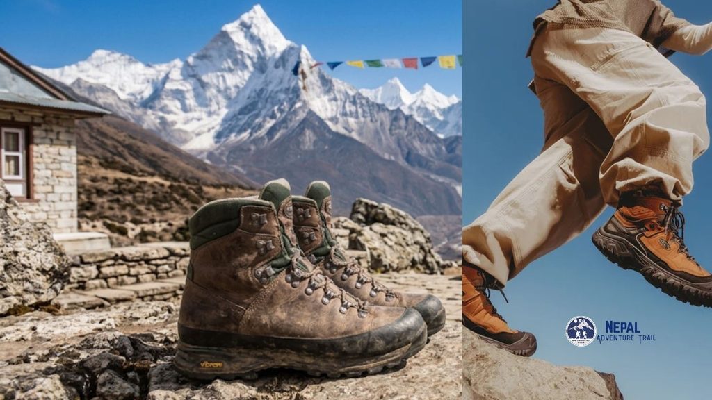 Nepal trekking boots, Himalayan hiking boots, Ama Dablam trekking, Everest Base Camp trail boots, leather hiking boots, Vibram sole boots, Nepal hiking gear, Himalayan tea house, prayer flags mountains, trekking signpost Nepal.