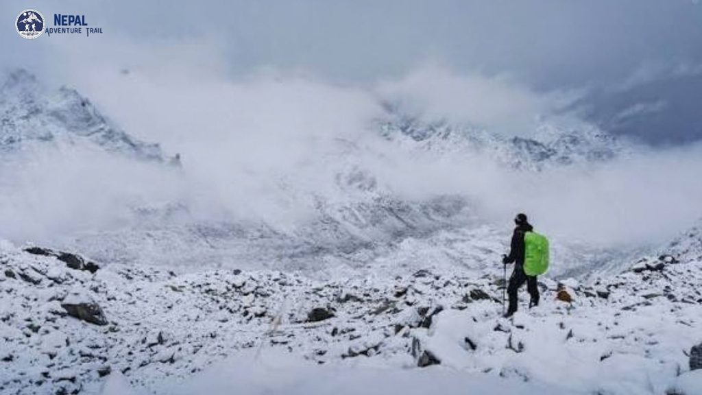 Trekker hiking along the Mount Everest route in the Everest Base Camp region of Nepal