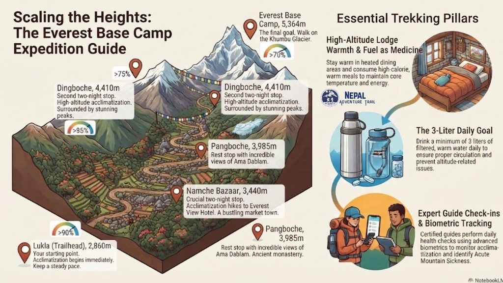 An infographic titled "Scaling the Heights: The Everest Base Camp Expedition Guide," featuring a 3D topographic map of the EBC trekking route with key stops like Lukla, Namche Bazaar, and Dingboche, alongside essential trekking pillars covering lodging, hydration, and guide monitoring.