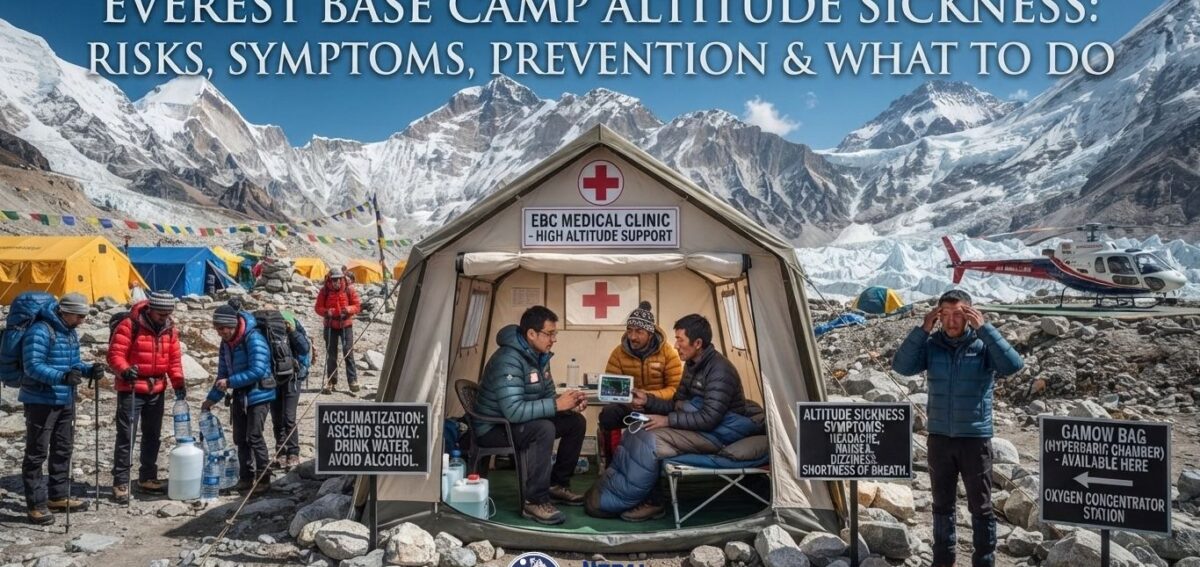 everest base camp altitude sickness A panoramic photograph of Everest Base Camp with the title "EVEREST BASE CAMP ALTITUDE SICKNESS: RISKS, SYMPTOMS, PREVENTION & WHAT TO DO" overlaid in the sky. The scene features a central medical tent with a red cross, doctors consulting a patient, a helicopter, and several informational signs on the rocky ground detailing acclimatization and altitude sickness symptoms.
