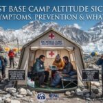 A panoramic photograph of Everest Base Camp with the title "EVEREST BASE CAMP ALTITUDE SICKNESS: RISKS, SYMPTOMS, PREVENTION & WHAT TO DO" overlaid in the sky. The scene features a central medical tent with a red cross, doctors consulting a patient, a helicopter, and several informational signs on the rocky ground detailing acclimatization and altitude sickness symptoms.