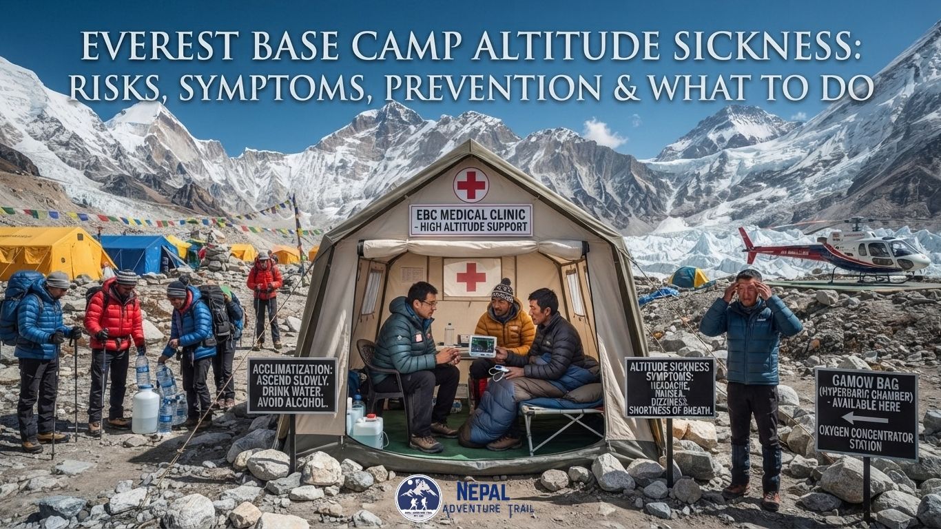 A panoramic photograph of Everest Base Camp with the title "EVEREST BASE CAMP ALTITUDE SICKNESS: RISKS, SYMPTOMS, PREVENTION & WHAT TO DO" overlaid in the sky. The scene features a central medical tent with a red cross, doctors consulting a patient, a helicopter, and several informational signs on the rocky ground detailing acclimatization and altitude sickness symptoms.
