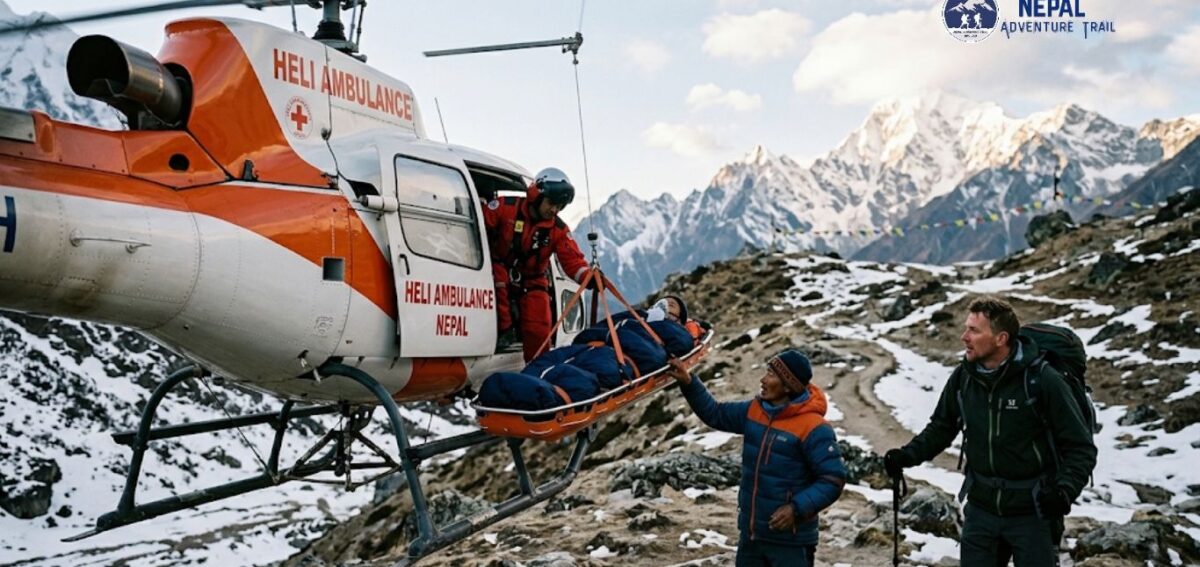 A high-altitude rescue operation by Heli Ambulance Nepal in the Himalayas. A rescue worker in a red flight suit, suspended by a hoist, lowers an injured trekker in a orange basket stretcher to the ground. A local Nepali guide in a blue jacket stabilizes the stretcher. A Western trekker with a large backpack and poles watches nearby. Snow-capped mountains, rugged terrain, and prayer flags fill the background.