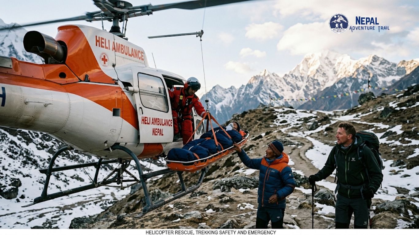 A high-altitude rescue operation by Heli Ambulance Nepal in the Himalayas. A rescue worker in a red flight suit, suspended by a hoist, lowers an injured trekker in a orange basket stretcher to the ground. A local Nepali guide in a blue jacket stabilizes the stretcher. A Western trekker with a large backpack and poles watches nearby. Snow-capped mountains, rugged terrain, and prayer flags fill the background.