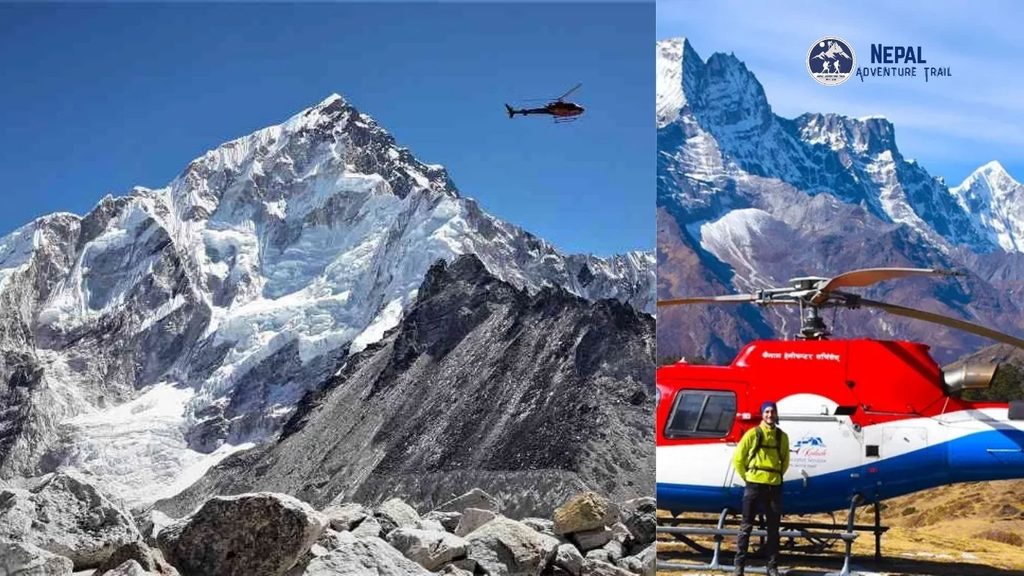 A yellow and blue commercial helicopter flying past snow-covered peaks like Mount Everest and Nuptse during a Himalayan Helicopter Tour Nepal, with the Khumbu Glacier visible below.