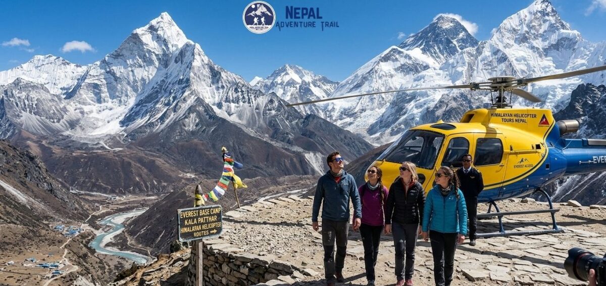 himalayan helicopter tour Four travelers and a pilot standing near a yellow and blue helicopter on a mountain ridge during a Himalayan Helicopter Tour Nepal, with Mount Everest and Ama Dablam in the background.