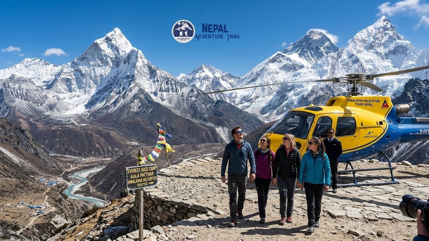 Four travelers and a pilot standing near a yellow and blue helicopter on a mountain ridge during a Himalayan Helicopter Tour Nepal, with Mount Everest and Ama Dablam in the background.