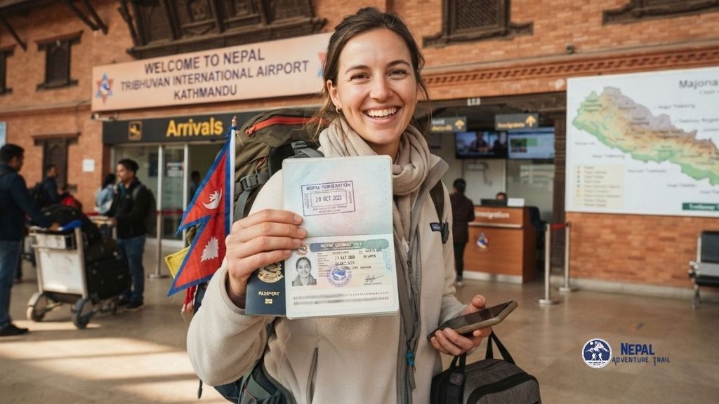 A smiling female traveler stands at the Tribhuvan International Airport Arrivals terminal in Kathmandu, Nepal, holding up her open passport to display her newly stamped Nepal visa. She carries a large backpack and has a smaller flag of Nepal attached to her gear.