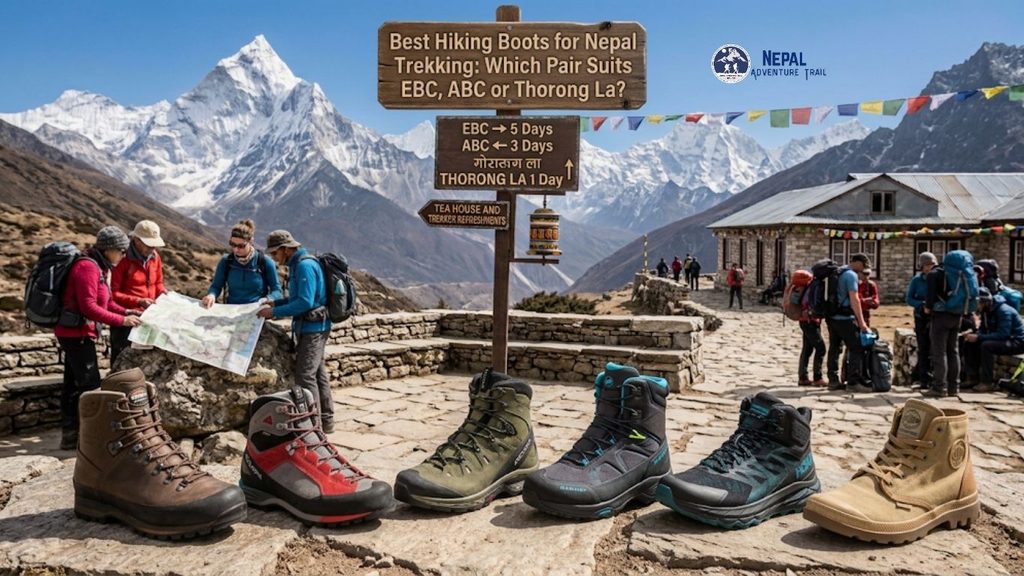Six distinct trekking boots (L-R: traditional brown leather, red/grey technical boot, olive green backpacking boot, black/cyan mid-cut, dark teal synthetic hiker, and tan canvas boot) lined up on a stone trail in Nepal. A wooden signpost displays the text "Best Hiking Boots for Nepal Trekking: Which Pair Suits EBC, ABC or Thorong La?" with snow-capped Himalayan mountains in the background.   