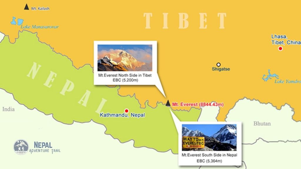 A detailed reference map showing where Mount Everest located on the international border between Nepal and Tibet (China) in the Himalayas, featuring a red star and a callout box pointing directly to the summit.